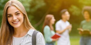 Imagen de una estudiante en un campus
